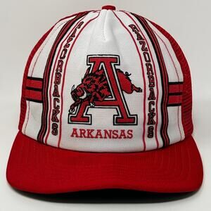 Vintage 80s Arkansas Razorbacks Trucker Hat Baseball Cap Red Hogs Mesh Snapback